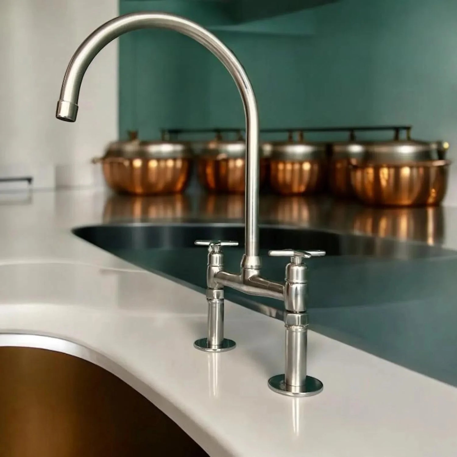 Unlacquered Nickel Bridge Kitchen Faucet - Solid Brass Flat Handles