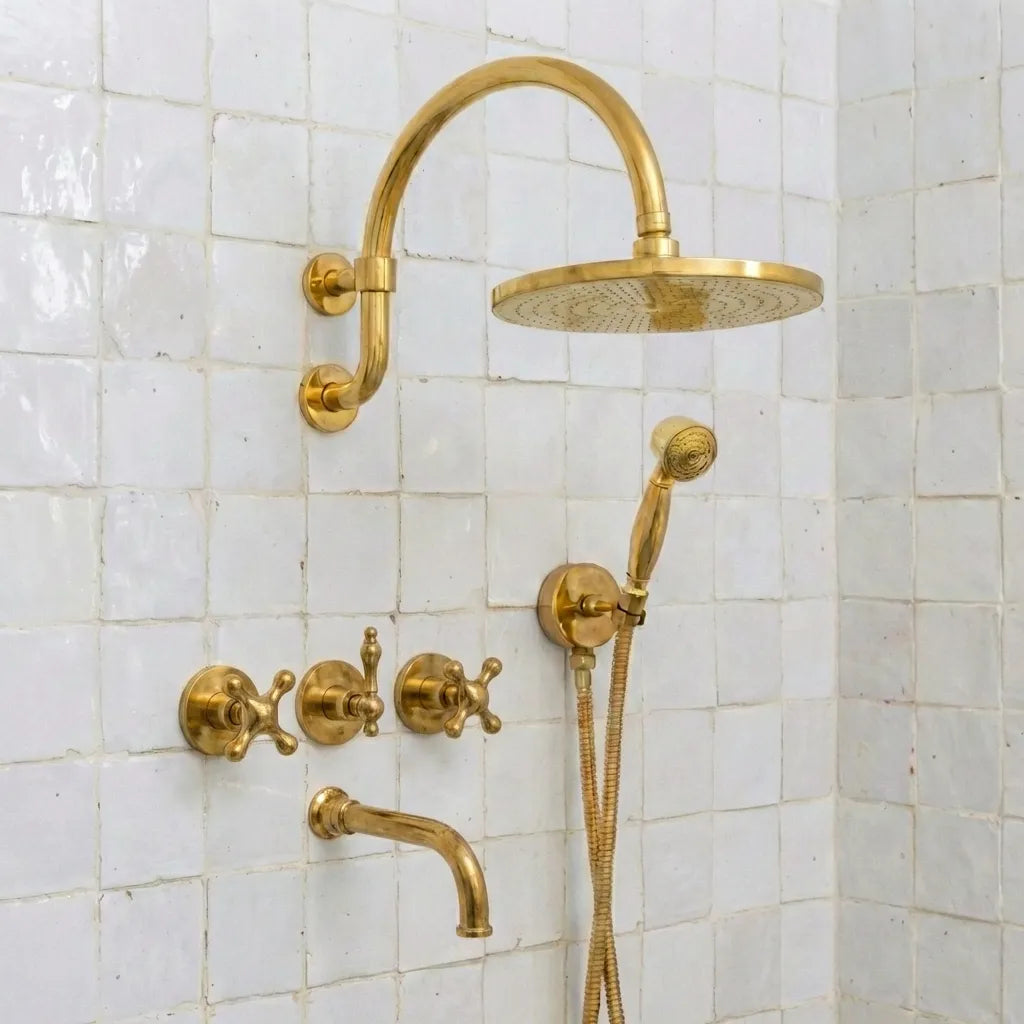 Unlacquered Brass Wall-Mounted Rain Shower System Set with Handheld Spray