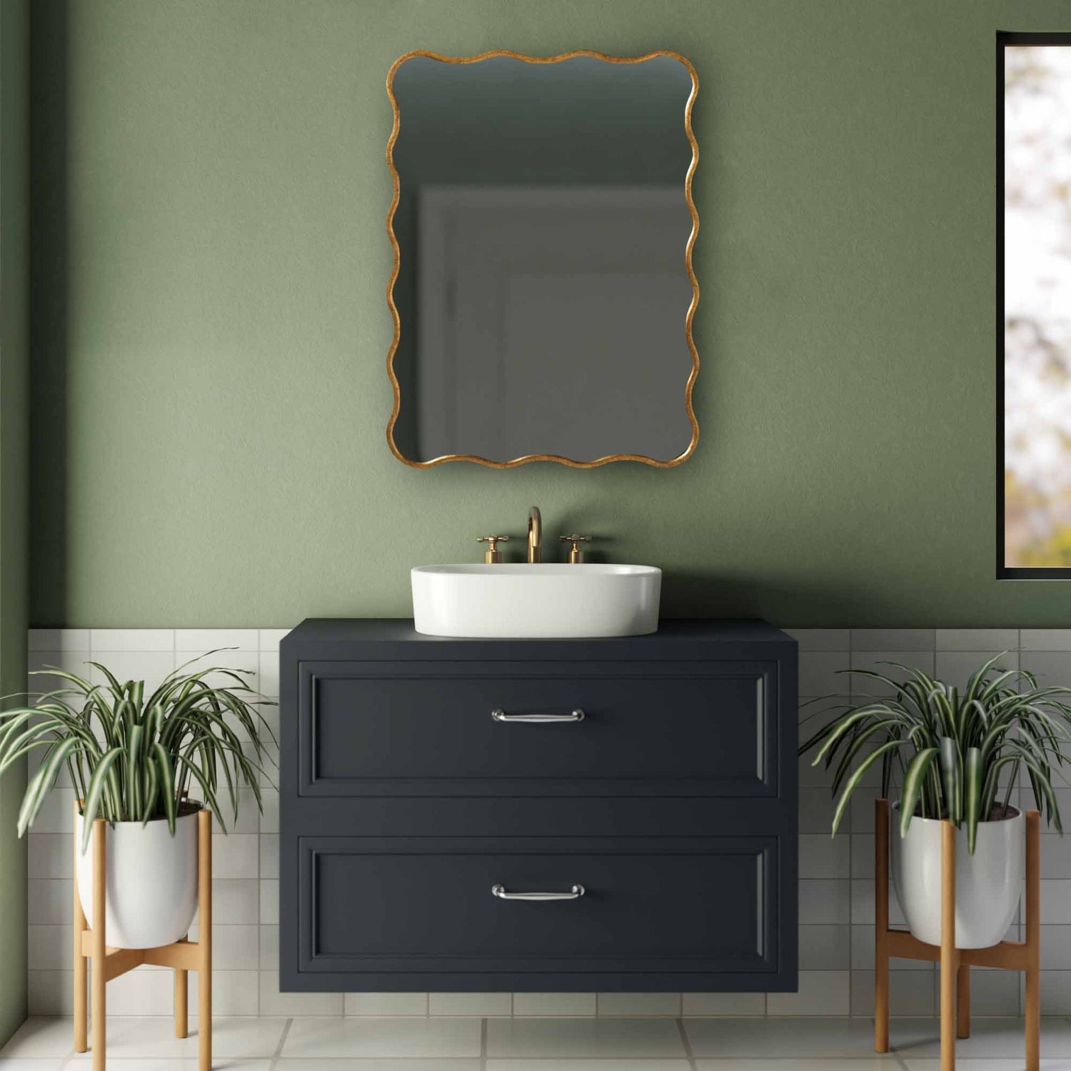 Varaudu Wavy Mirror - Antique Brass Bathroom Mirror, Vanity Wall Decor