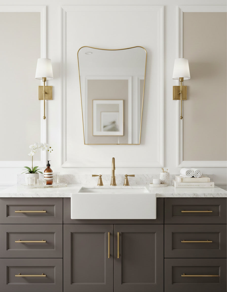 Varaudu Luxury Curved Antiqued Brass Mirror - Antique Brass Bathroom Mirror, Vanity Wall Decor