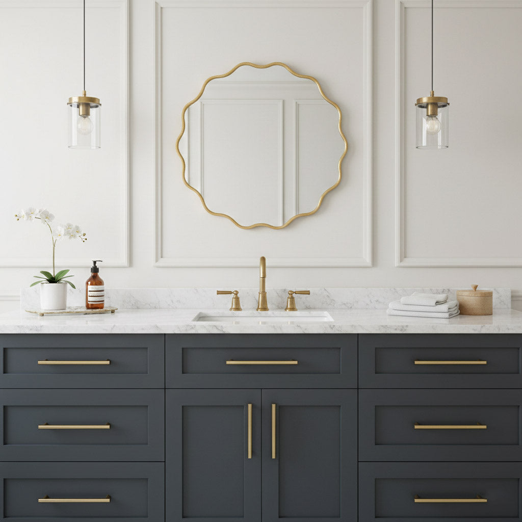 Varaudu Round Wavy Mirrors - Antique Brass Bathroom Mirror, Vanity Wall Decor