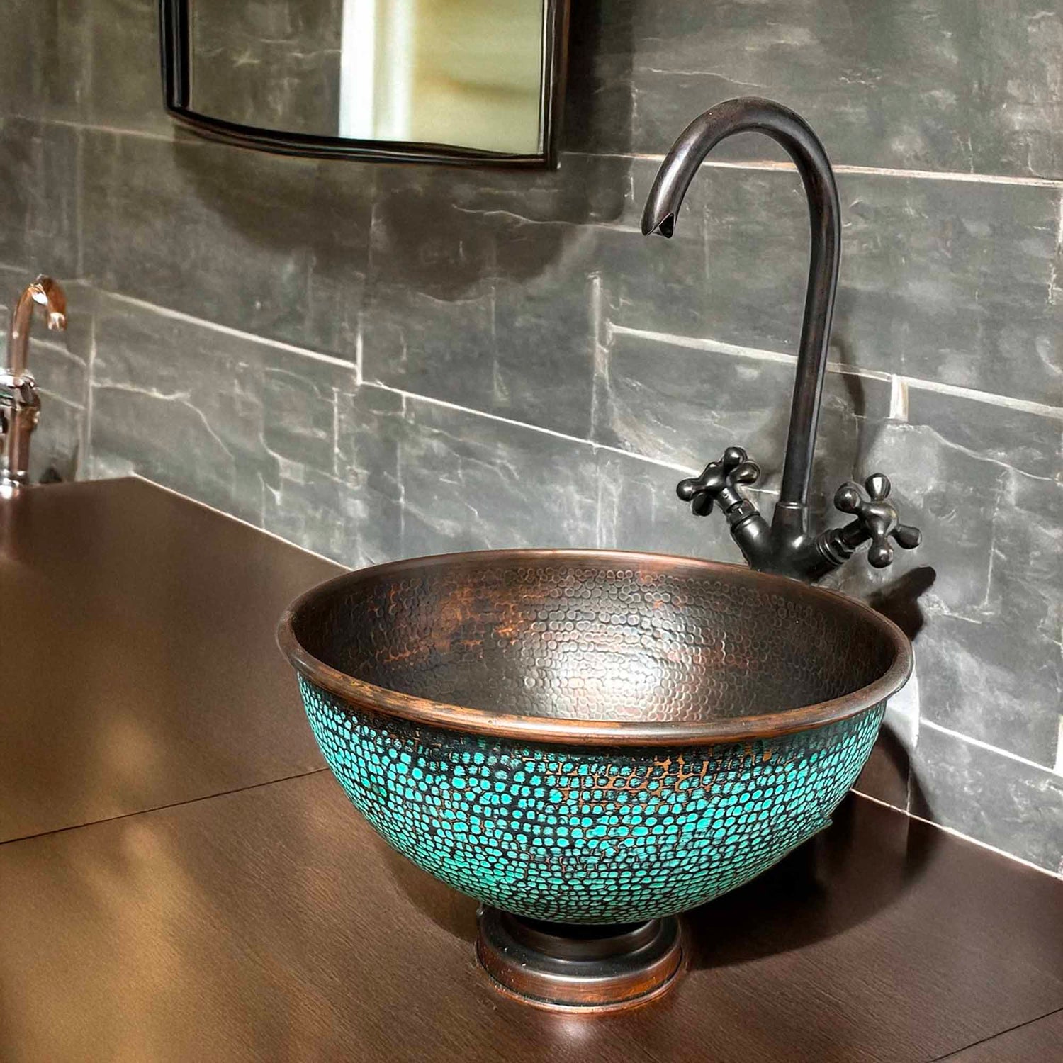 Aged Copper Bathroom Sink with Faucet