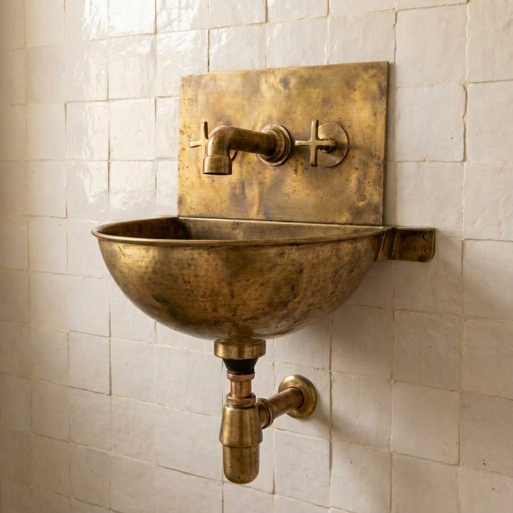Vintage Wall Mounted Brass Bathroom Sink with Unlacquered Faucet