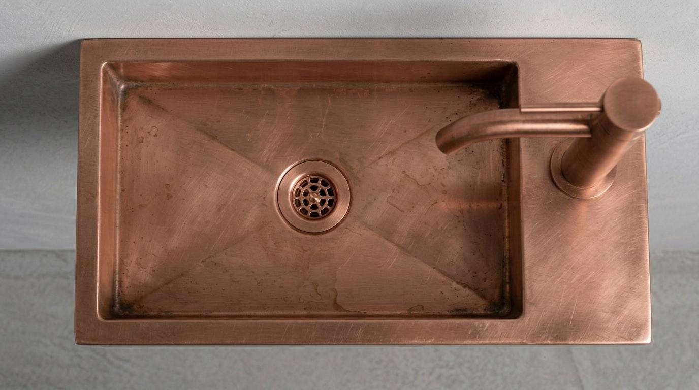 Vintage Copper Sink, Smooth Wall Mounted Basin, Industrial Floating Washbasin, Right Deck Metal Sink, Bespoke Powder Room Sink