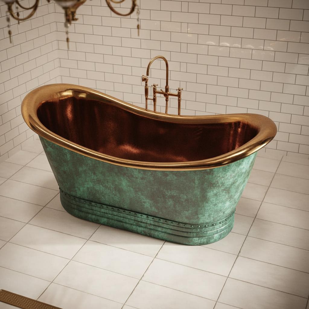 Vintage Green Copper Bathtub with Brass Interior – Freestanding Double Slipper Tub - Brasska
