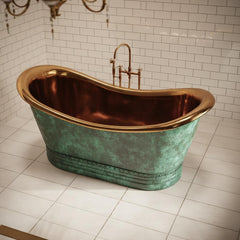 Vintage Green Copper Bathtub with Brass Interior – Freestanding Double Slipper Tub - Brasska