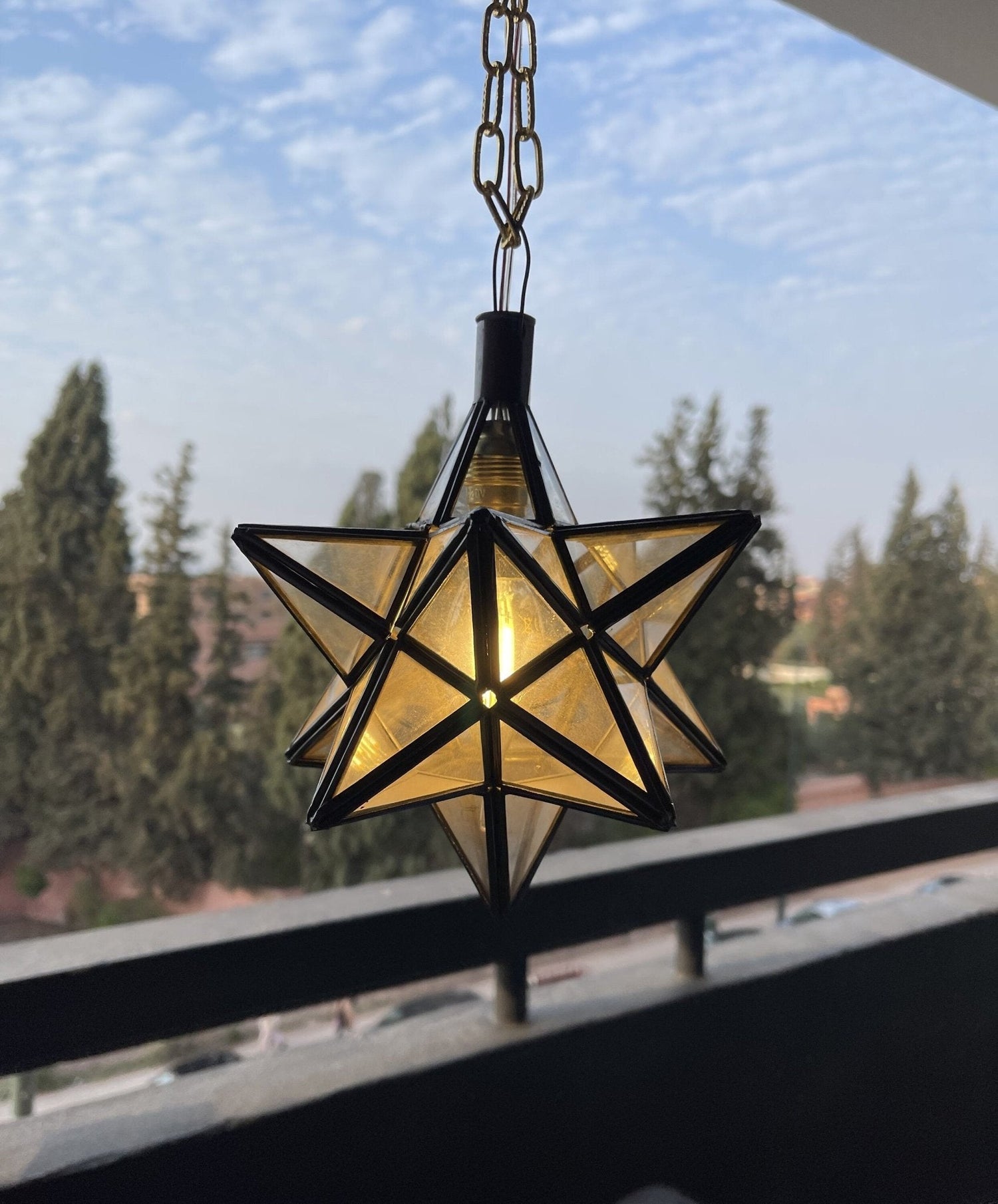 Vintage Star Pendant Light - Clear Glass & Brass Filigree Lamp