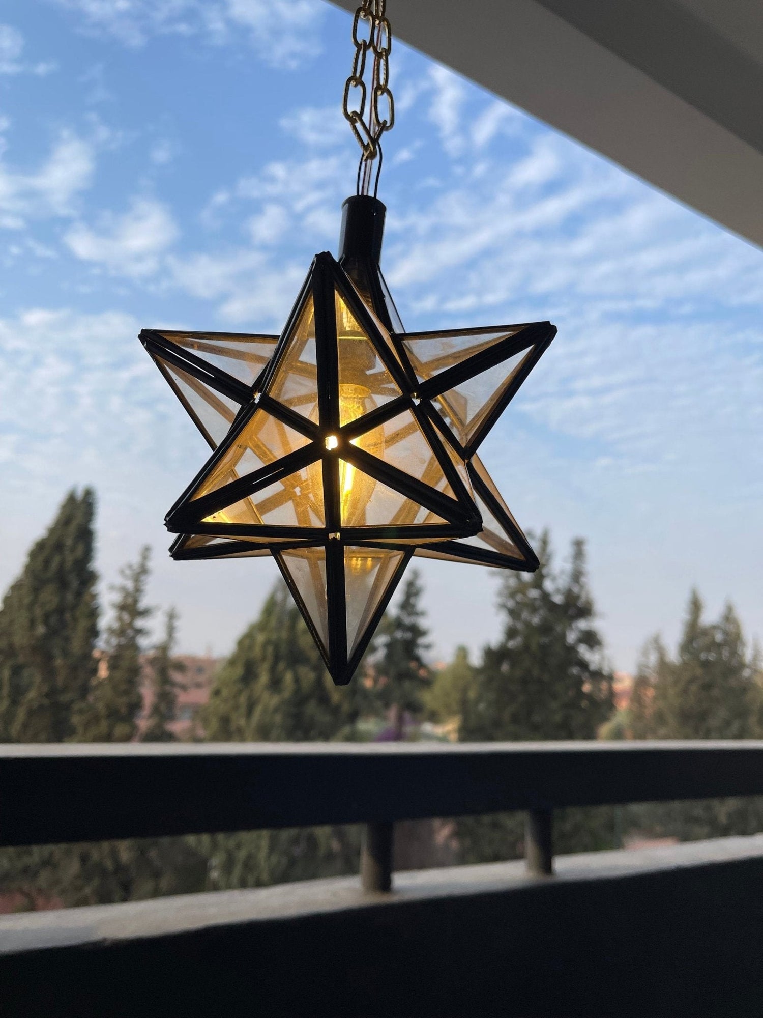 Vintage Star Pendant Light - Clear Glass & Brass Filigree Lamp