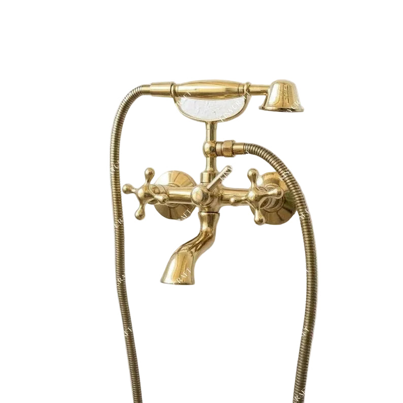 Vintage Unlacquered Brass Wall Mount Faucet with Hand Shower