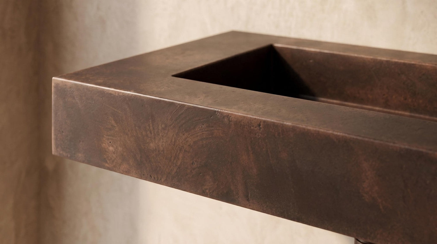 Wall Mounted Copper Sink, Antique Copper Bathroom Sink, Floating Vanity Sink, Handmade Rectangular Washbasin, Dark Patina Powder Room Sink