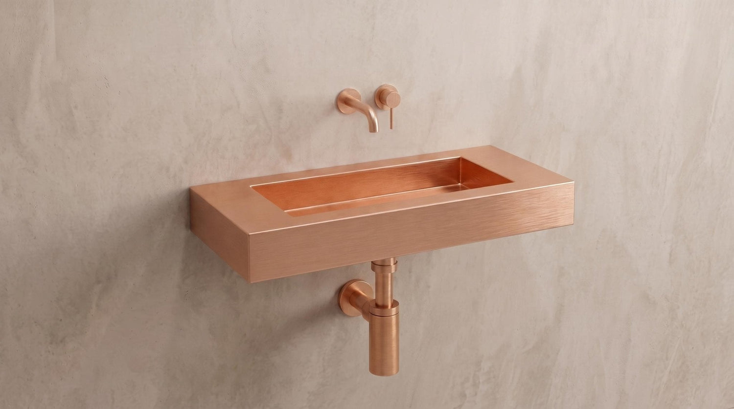 Wall Mounted Copper Sink, Brushed Copper Bathroom Sink, Floating Vanity Washbasin, Rose Gold Powder Room Sink, Handmade Rectangular Basin