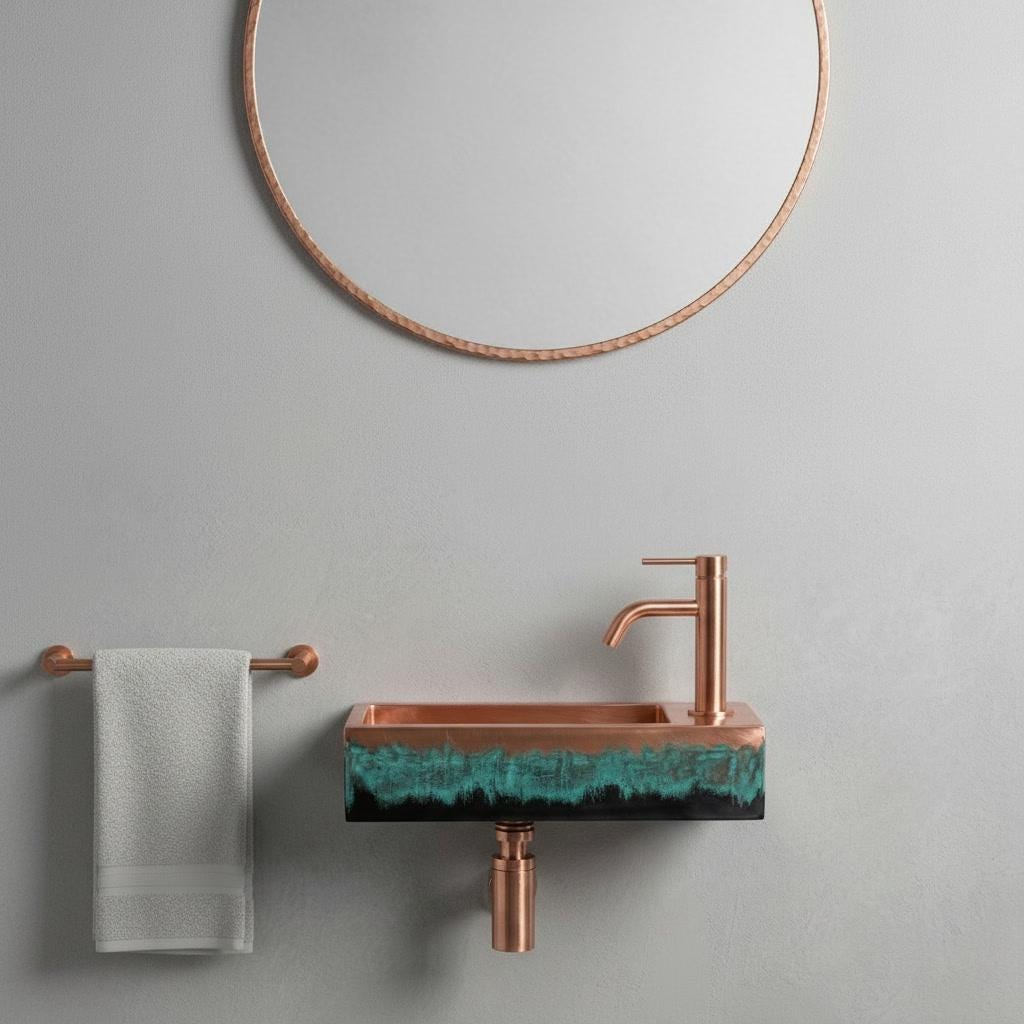 Wall Mounted Copper Sink, Floating Basin, Verdigris Bathroom Washbasin, Custom Artistic Metal Vanity, Smooth Rectangular Sink