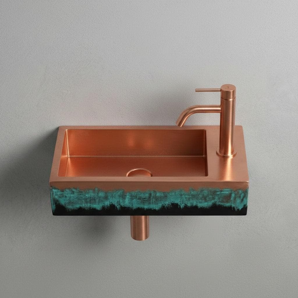 Wall Mounted Copper Sink, Floating Basin, Verdigris Bathroom Washbasin, Custom Artistic Metal Vanity, Smooth Rectangular Sink