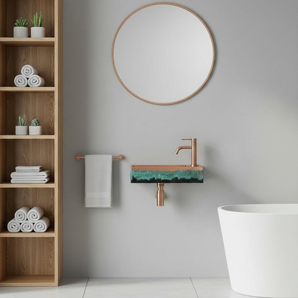 Wall Mounted Copper Sink, Floating Basin, Verdigris Bathroom Washbasin, Custom Artistic Metal Vanity, Smooth Rectangular Sink