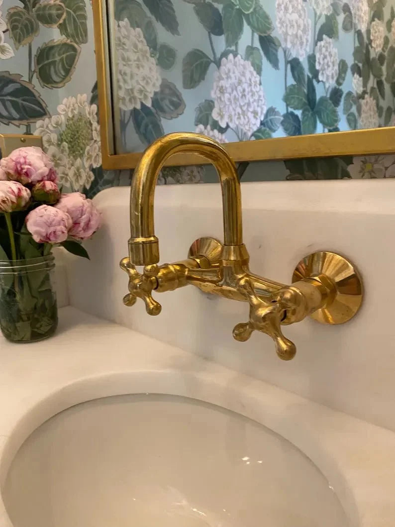 Wall-Mounted Vintage Brass Lavatory Faucet – Dual Cross Handles