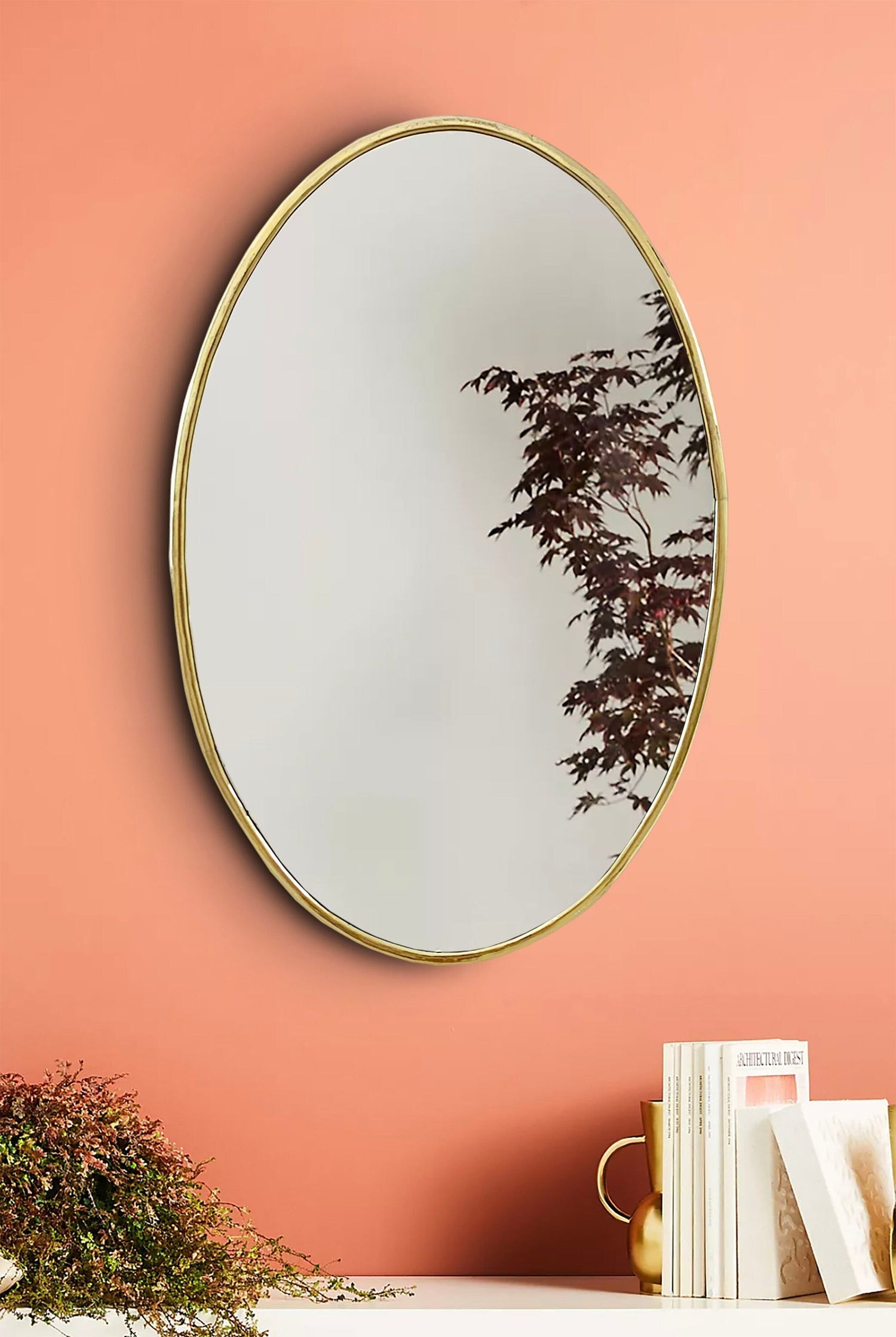 Varaudu Brass Oval Wall Mirror Unlacquered Brass Bathroom Mirror - Antique Brass Bathroom Mirror, Vanity Wall Decor