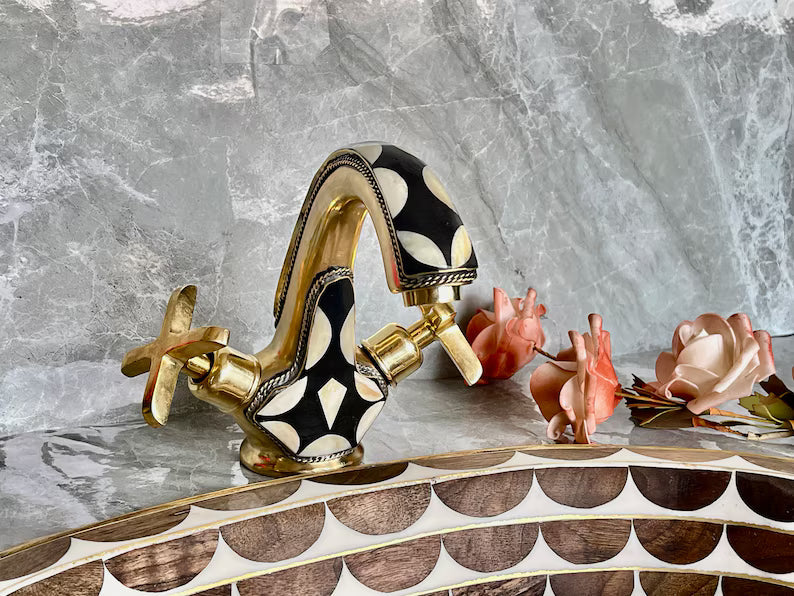 Handmade Brass Bathroom Faucet Wall Mount Brass Tap with Geometric Inlay Design