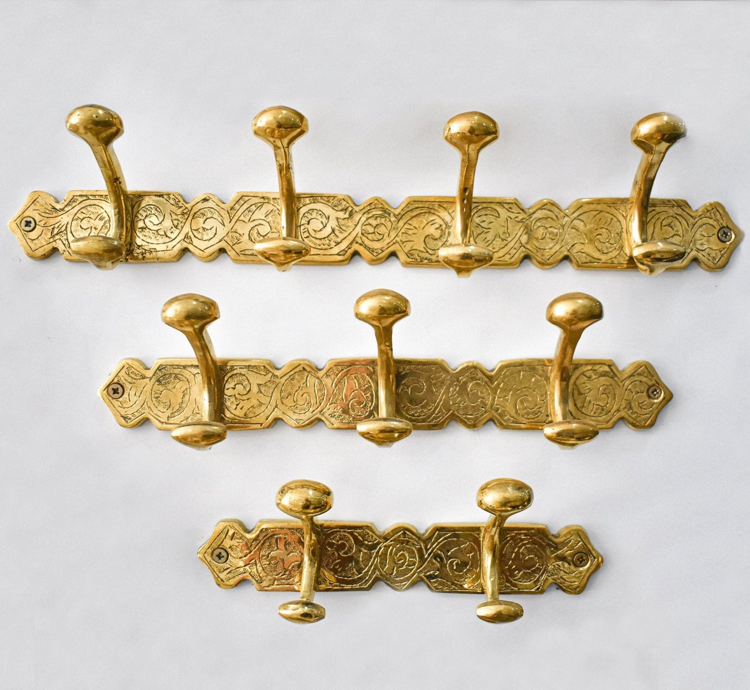 Engraved Brass Wall Hooks – Handmade Unlacquered Coat Rack Vintage Hanger