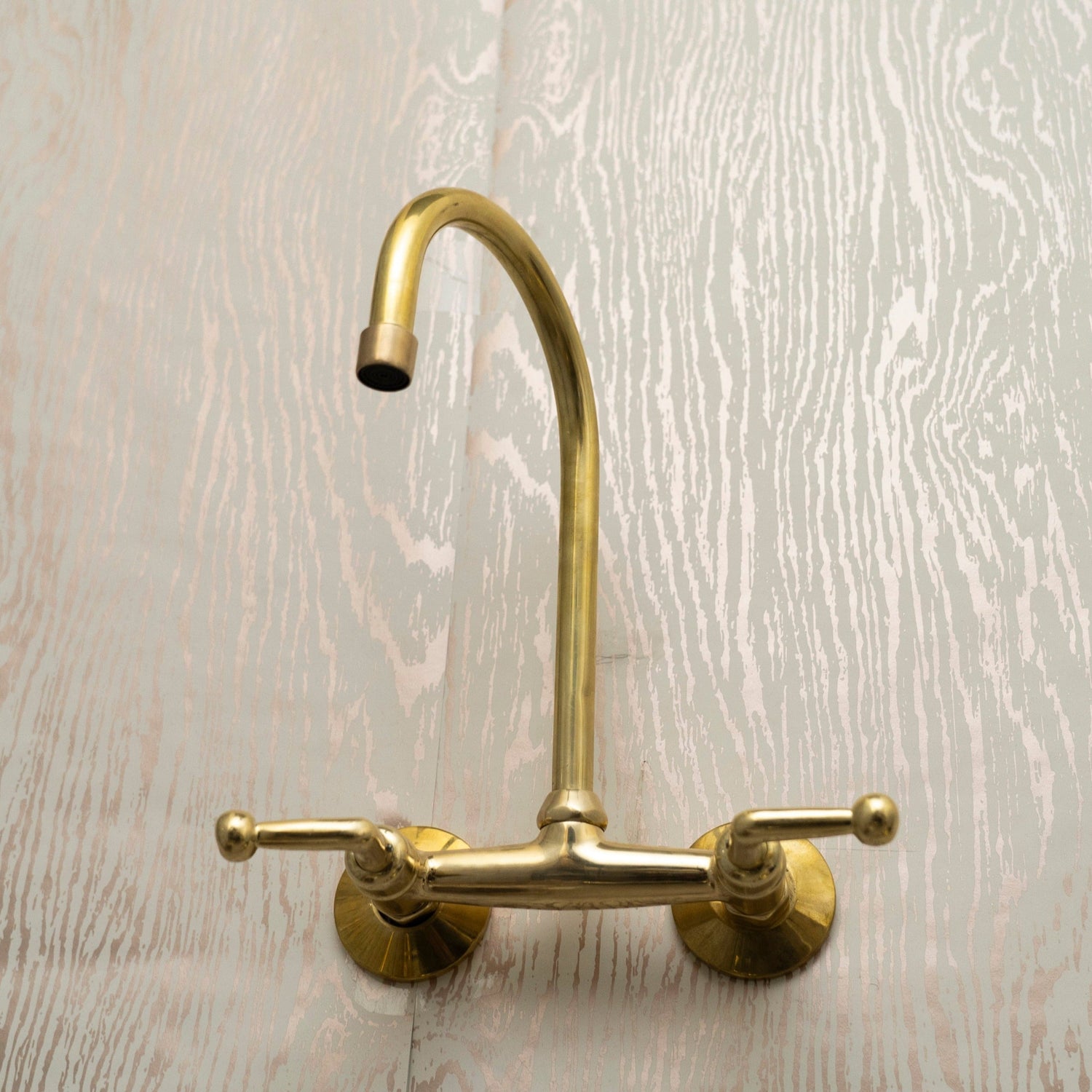 Unlacquered Brass Wall Mount Kitchen Faucet – Gooseneck Spout & Lever Handles