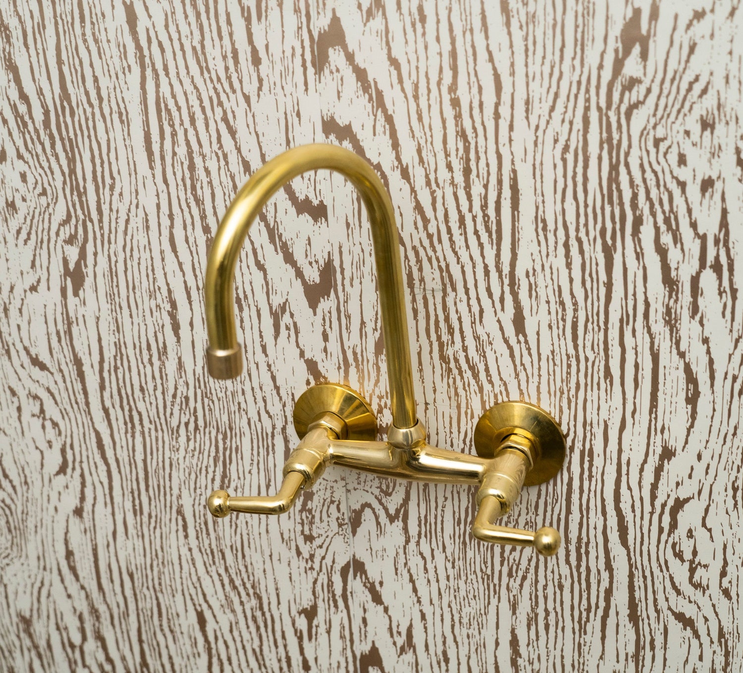 Unlacquered Brass Wall Mount Kitchen Faucet – Gooseneck Spout & Lever Handles