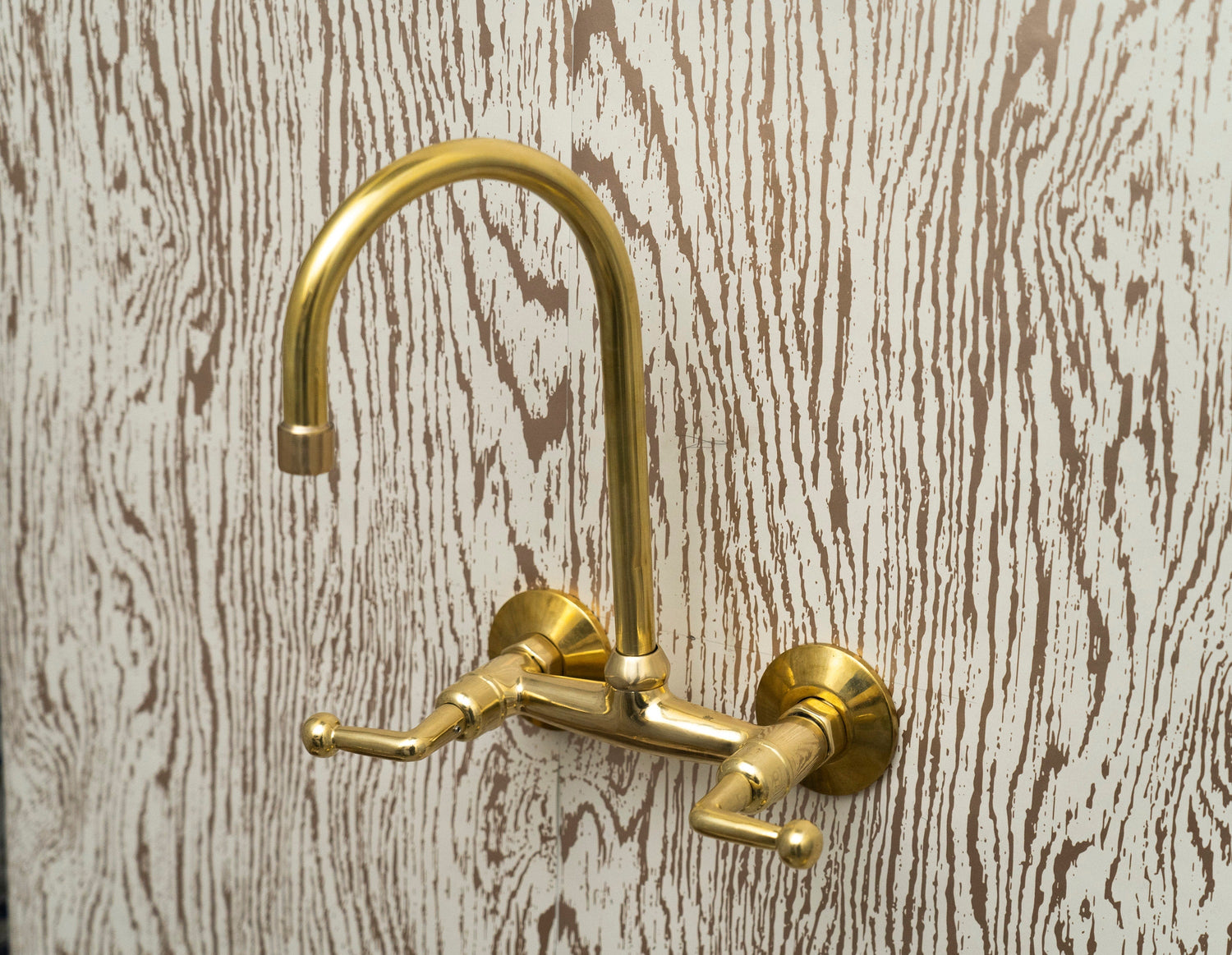 Unlacquered Brass Wall Mount Kitchen Faucet – Gooseneck Spout & Lever Handles