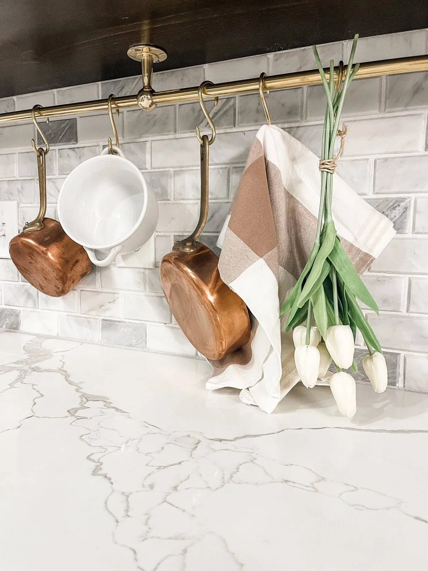 Unlacquered Brass Kitchen Rail – Handmade Wall Mounted Pot Rack with Hooks