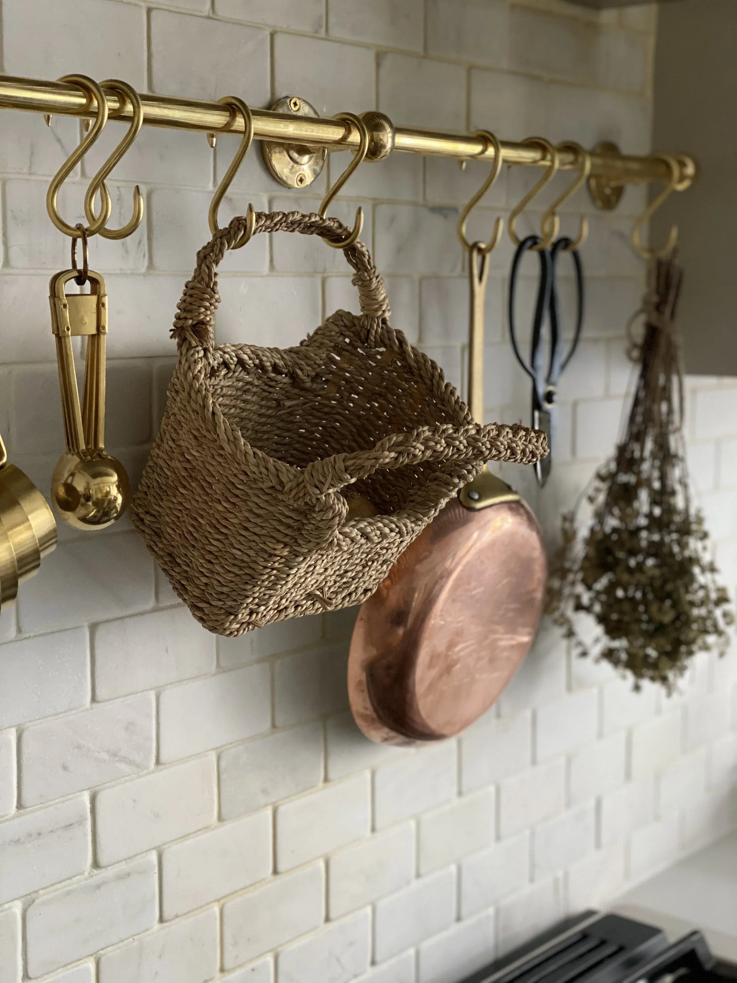 Unlacquered Brass Kitchen Rail – Handmade Wall Mounted Pot Rack with Hooks