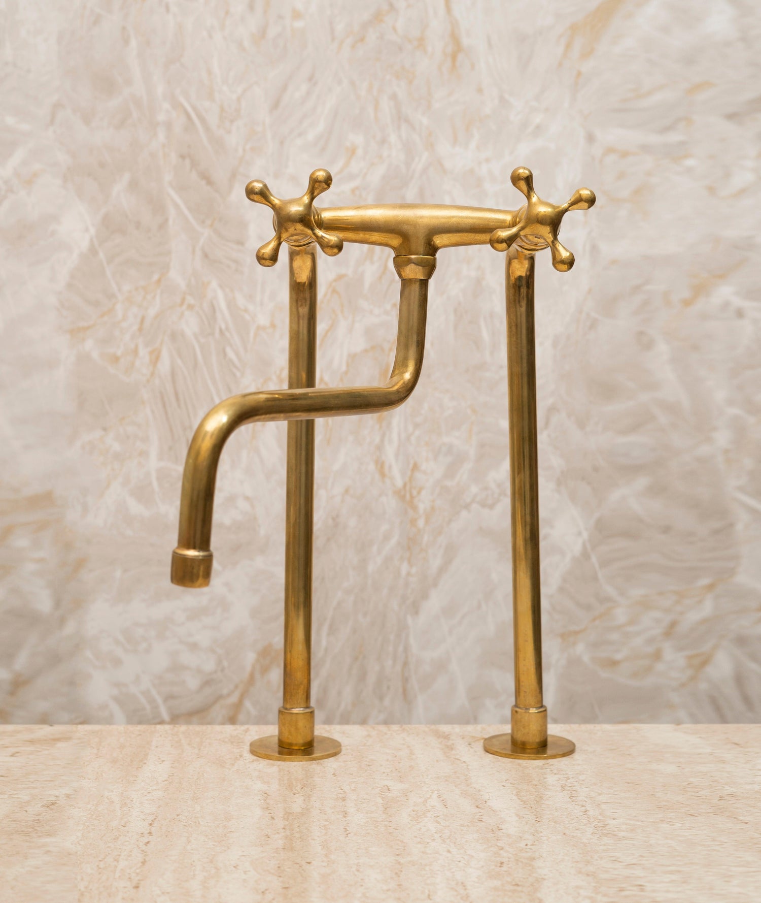 Unlacquered Brass Bridge Kitchen Faucet – Tall Farmhouse Sink Tap with Cross Handles & Sprayer