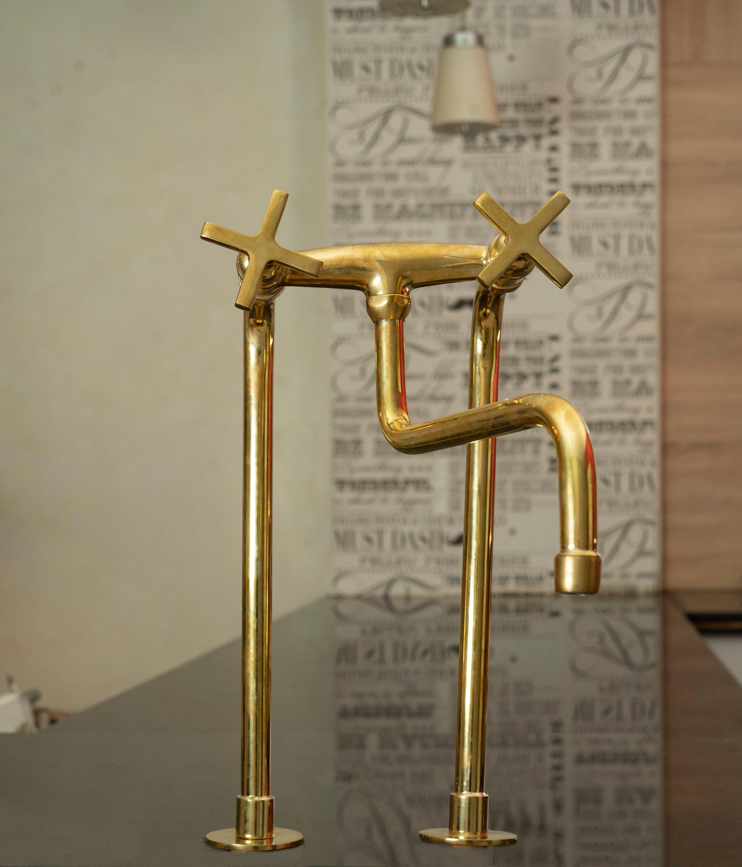 Unlacquered Brass Bridge Kitchen Faucet – Tall Farmhouse Sink Tap with Cross Handles & Sprayer