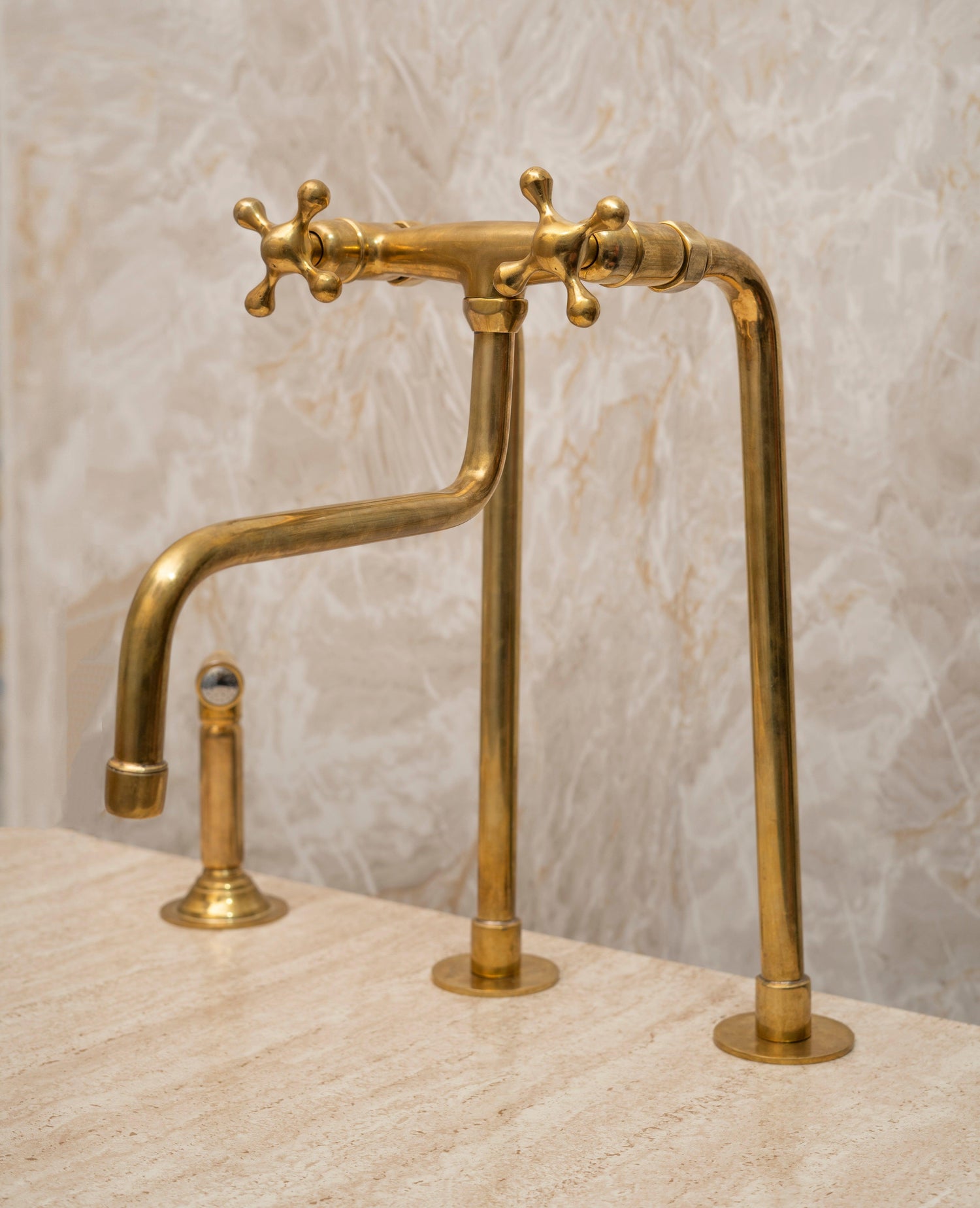 Unlacquered Brass Bridge Kitchen Faucet – Tall Farmhouse Sink Tap with Cross Handles & Sprayer
