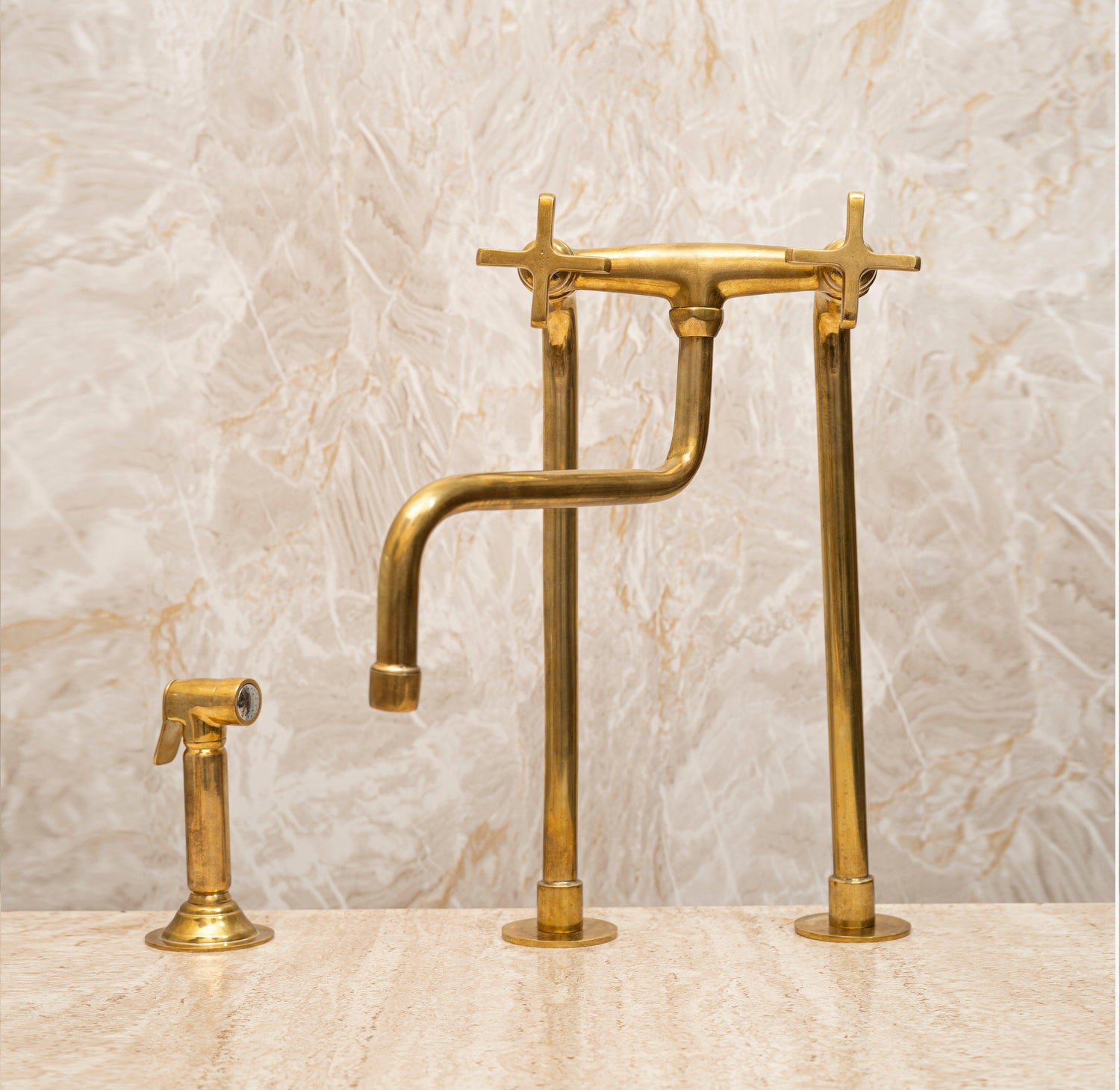 Unlacquered Brass Bridge Kitchen Faucet – Tall Farmhouse Sink Tap with Cross Handles & Sprayer