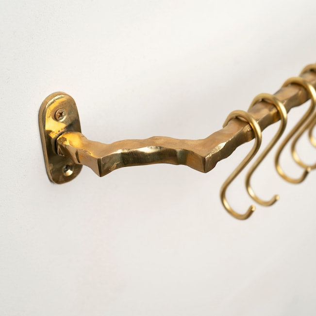 Unlacquered Brass Pot Rail – Handmade Wall Mounted Kitchen Rack with Hooks